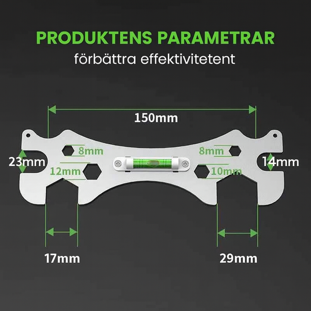 Universell multinyckel i rostfritt stål med vattenpass och mätningsfunktion