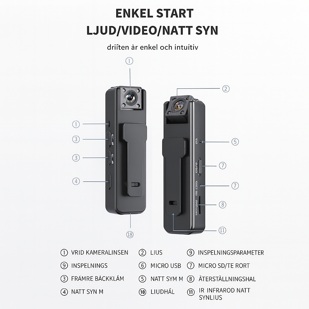 Bärbar Minikamera med 1080P & 180° Roterbar Lins