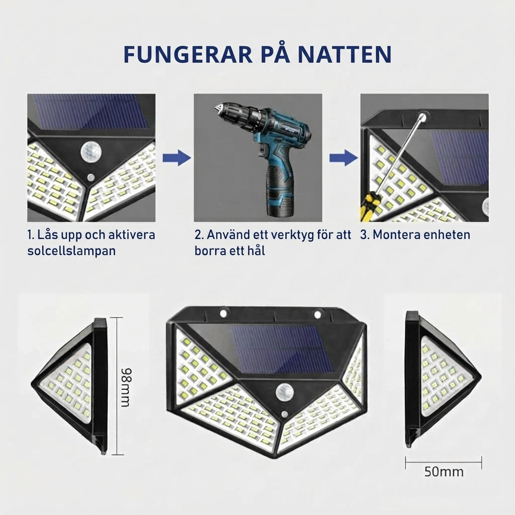Kraftfull och trådlös solcellslampa för utomhusbruk med intelligent styrning via sensor och högt ljusutbyte