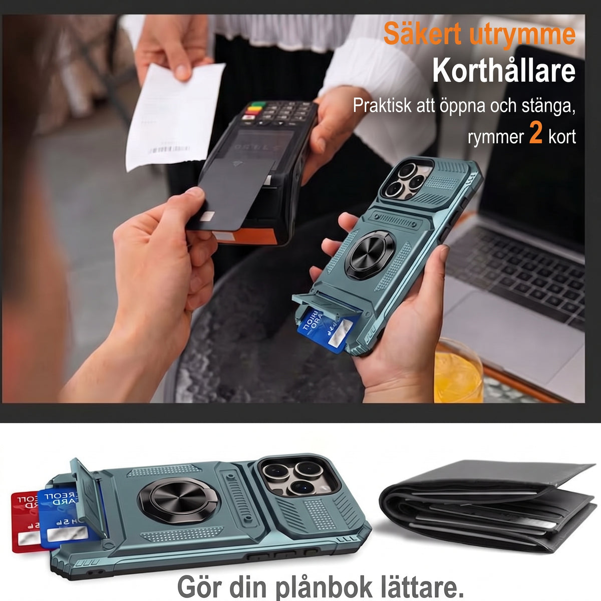 Stötsäkert iPhone-skal med korthållare – inbyggt ringstativ
