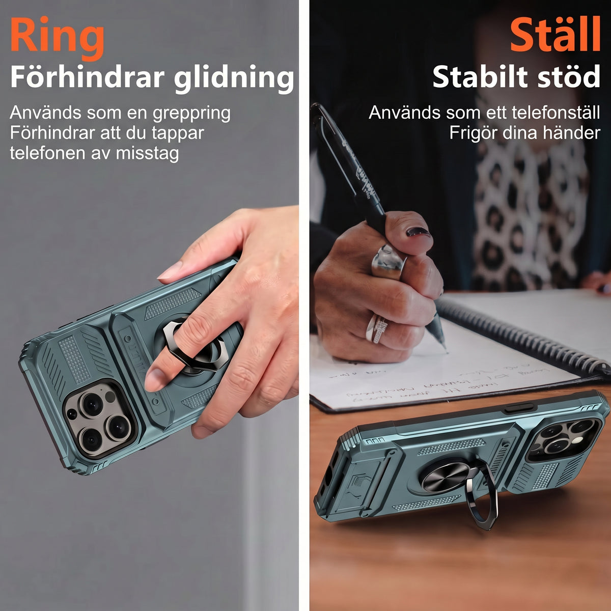Stötsäkert iPhone-skal med korthållare – inbyggt ringstativ