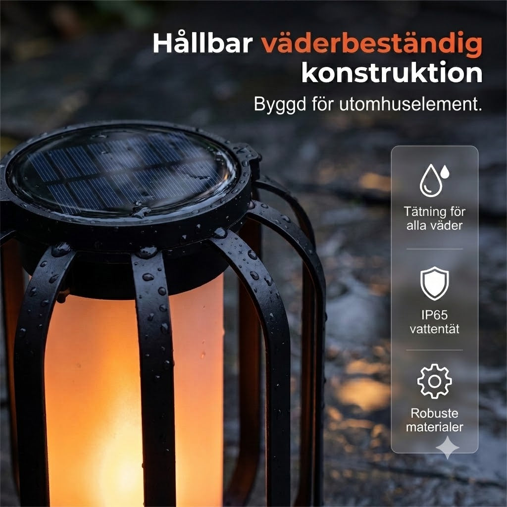 Solcellsdriven Lykta med Flammeffekt – Vattentät och Automatisk Utomhusbelysning