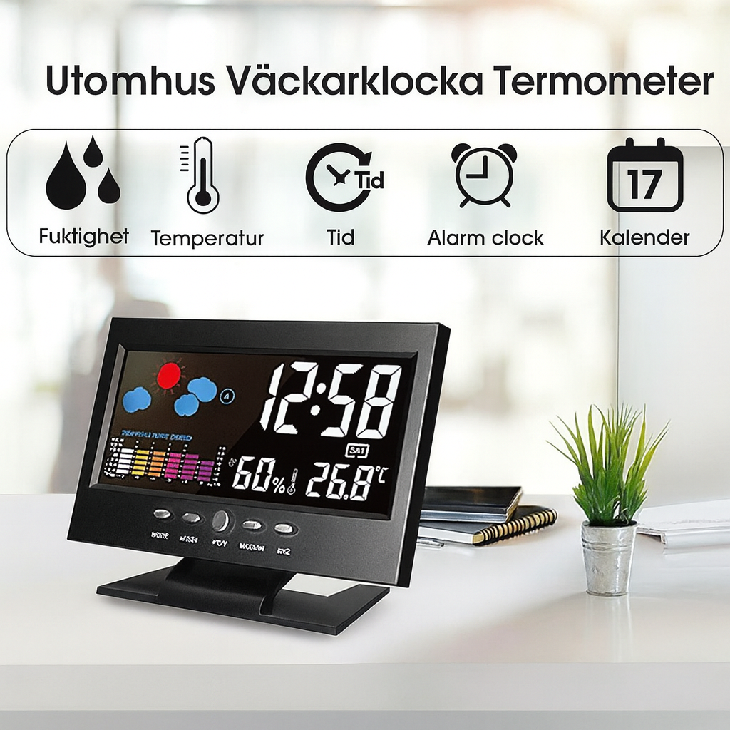 Digital väderstation med temperatur fuktighet och tidsvisning