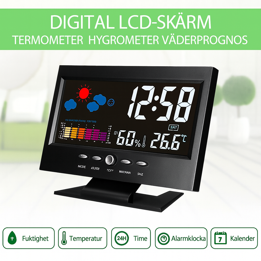 Digital väderstation med temperatur fuktighet och tidsvisning