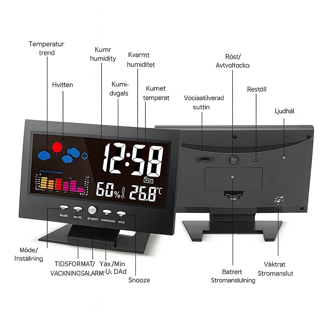 Digital väderstation med temperatur fuktighet och tidsvisning
