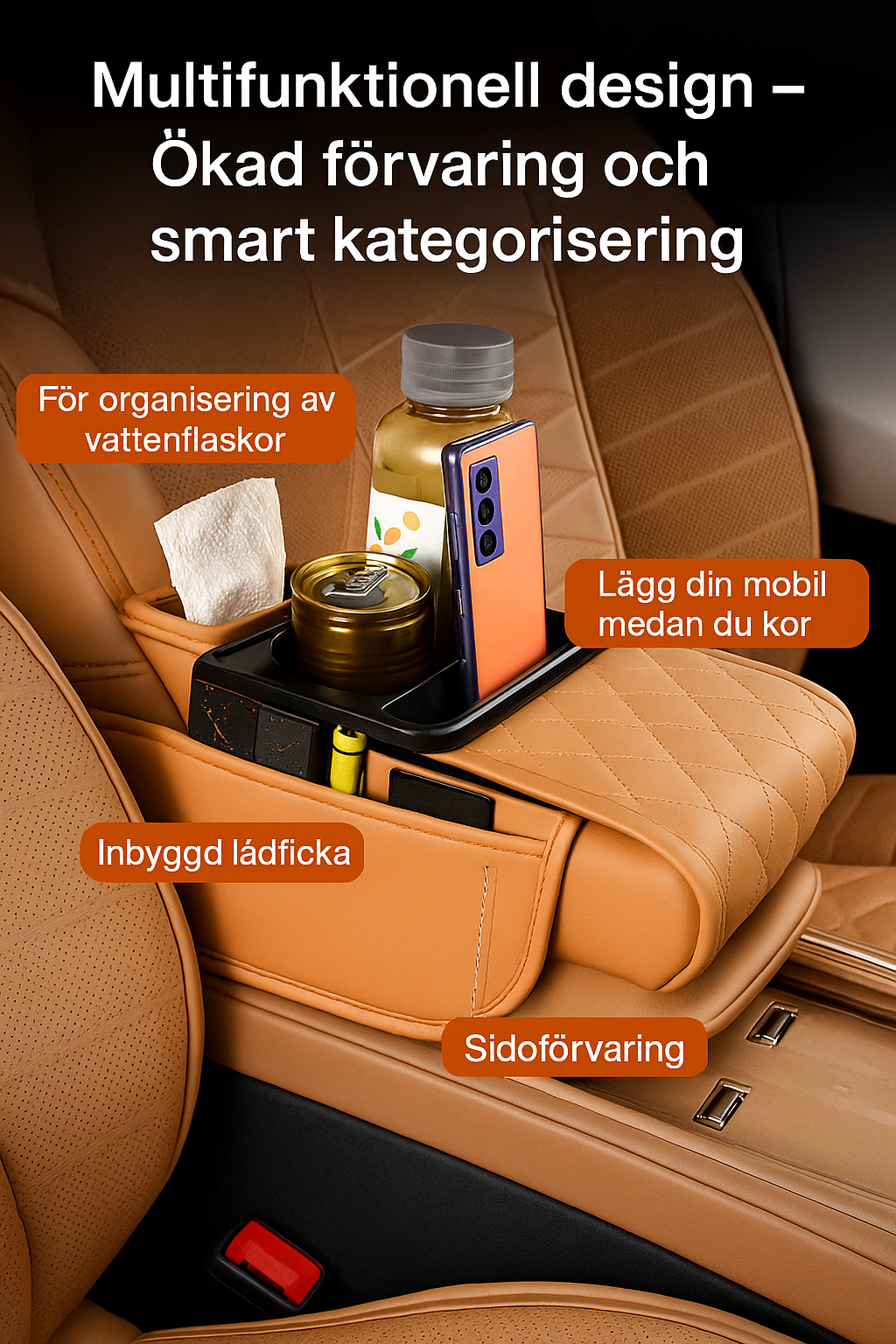 Ergonomiskt Armstöd med Förvaring & Kopphållare för Bil