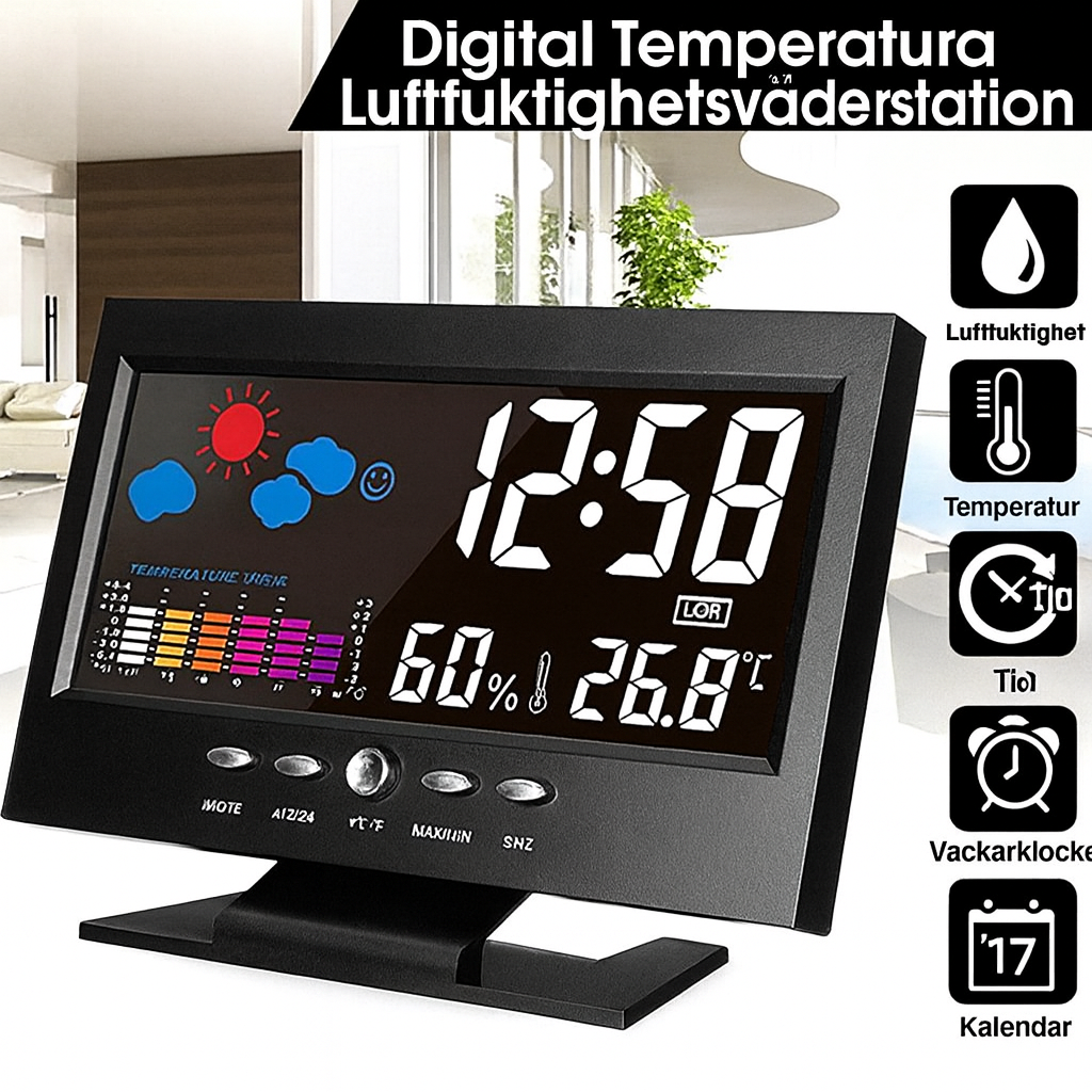 Digital väderstation med temperatur fuktighet och tidsvisning