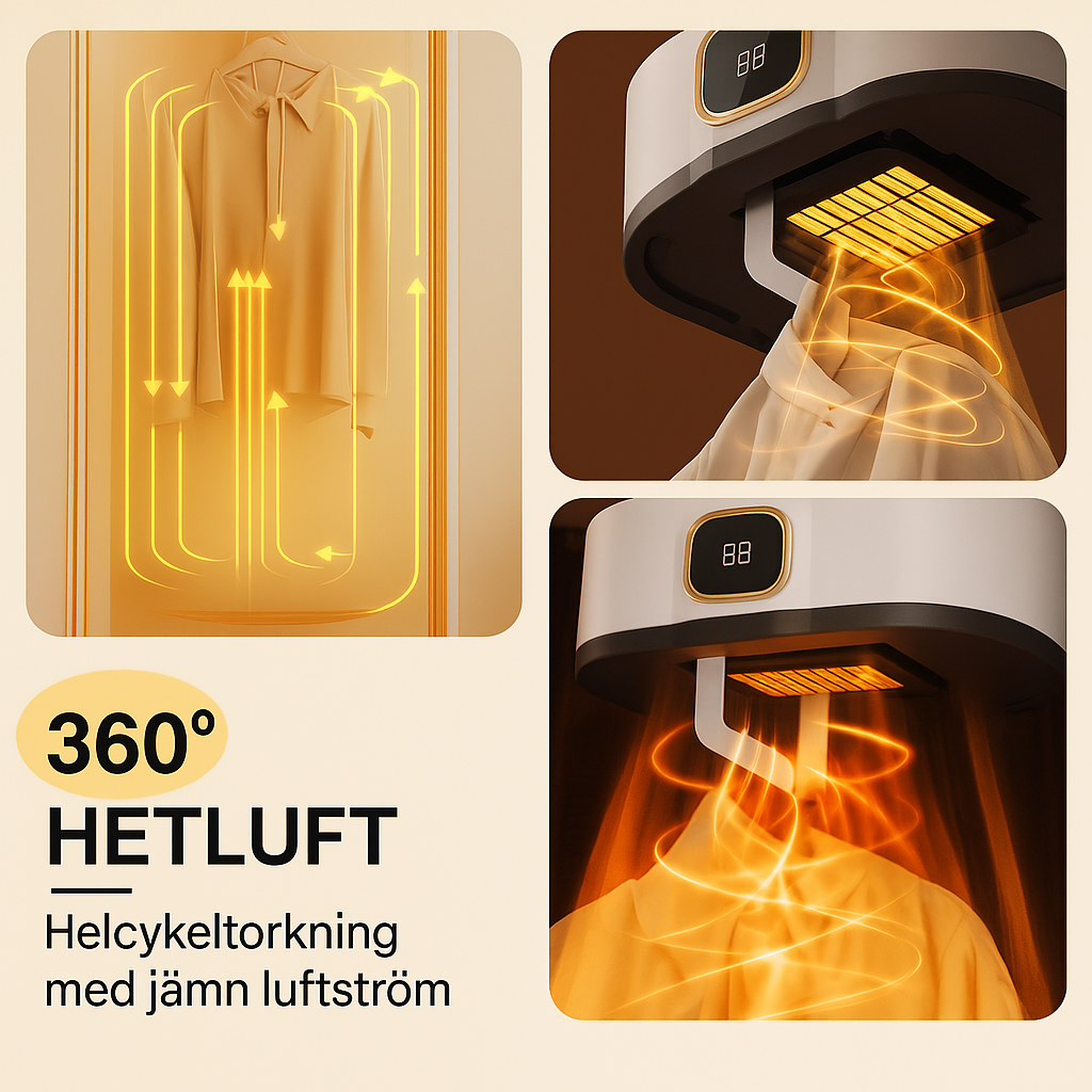 Vikbar portabel klädtork med 360° varmluft och tyst drift