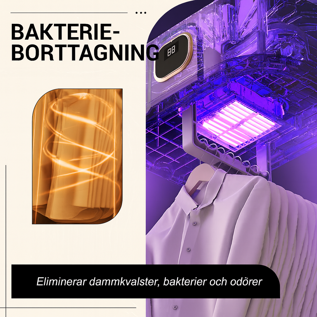 Vikbar portabel klädtork med 360° varmluft och tyst drift