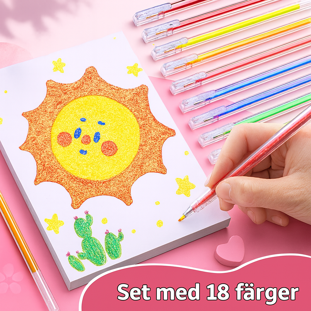 Glittergelpennor för kreativt skrivande och färgläggning