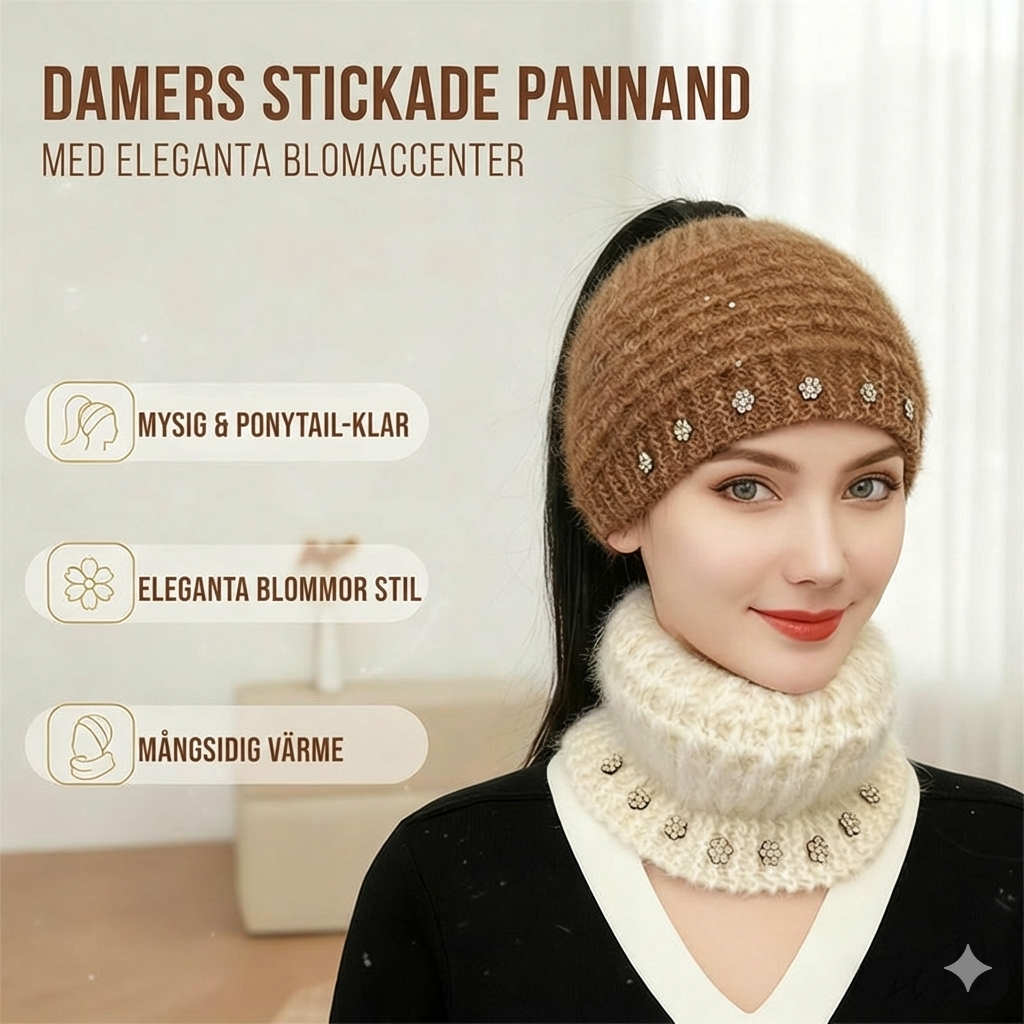 Stickat Pannband med Blommiga Detaljer – Värmande & Mångsidigt
