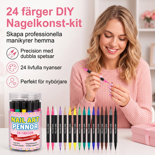 24-färgers nagelkonstpennor med dubbla spetsar – Perfekta för detaljer och mönster