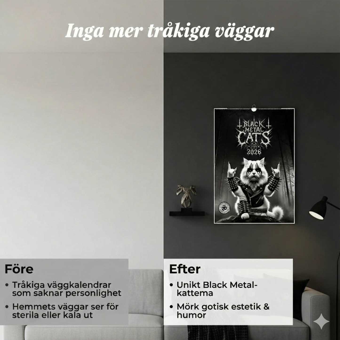 Väggkalender 2026 med Black Metal-Katter & Svartvit Konst