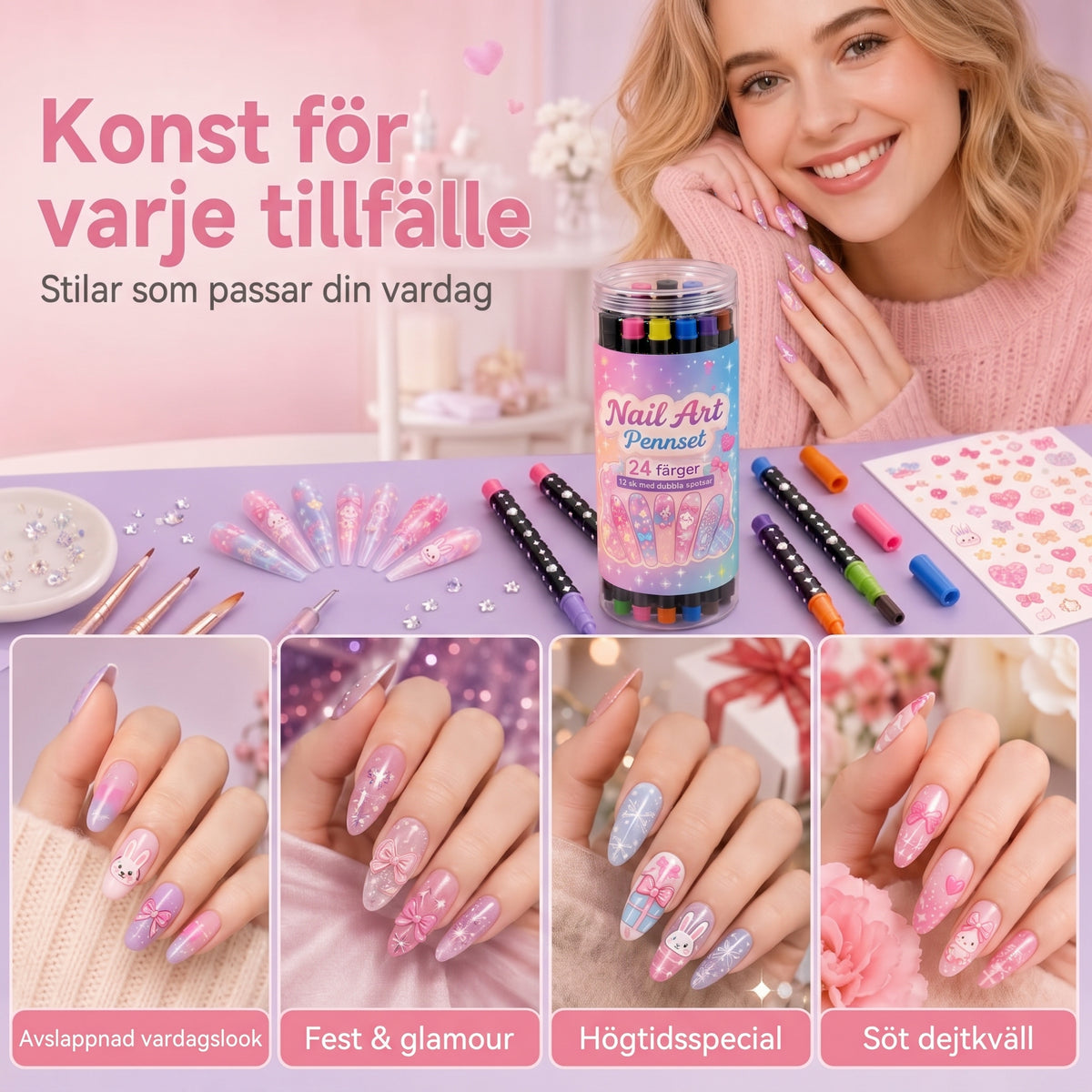24-färgers nagelkonstpennor med dubbla spetsar – Perfekta för detaljer och mönster