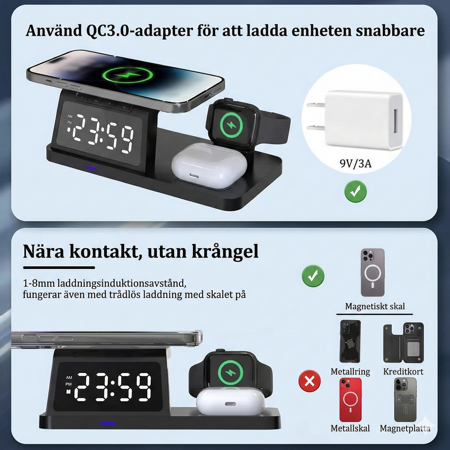 4-i-1 trådlös laddningsstation med digital klocka och touch-ljus