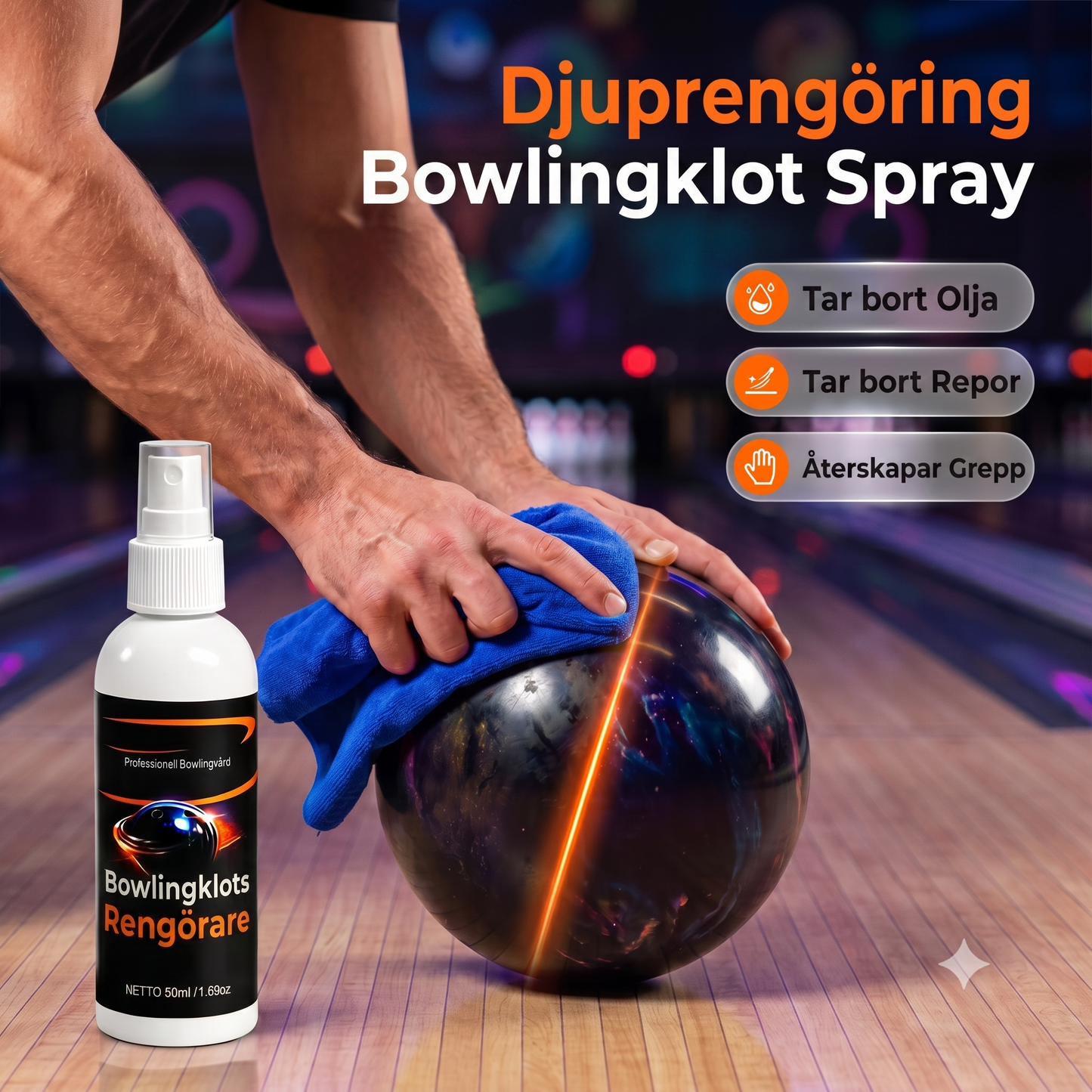 Professionell oljelösande rengöringsspray för bärbara bowlingklot med absorberande trasa