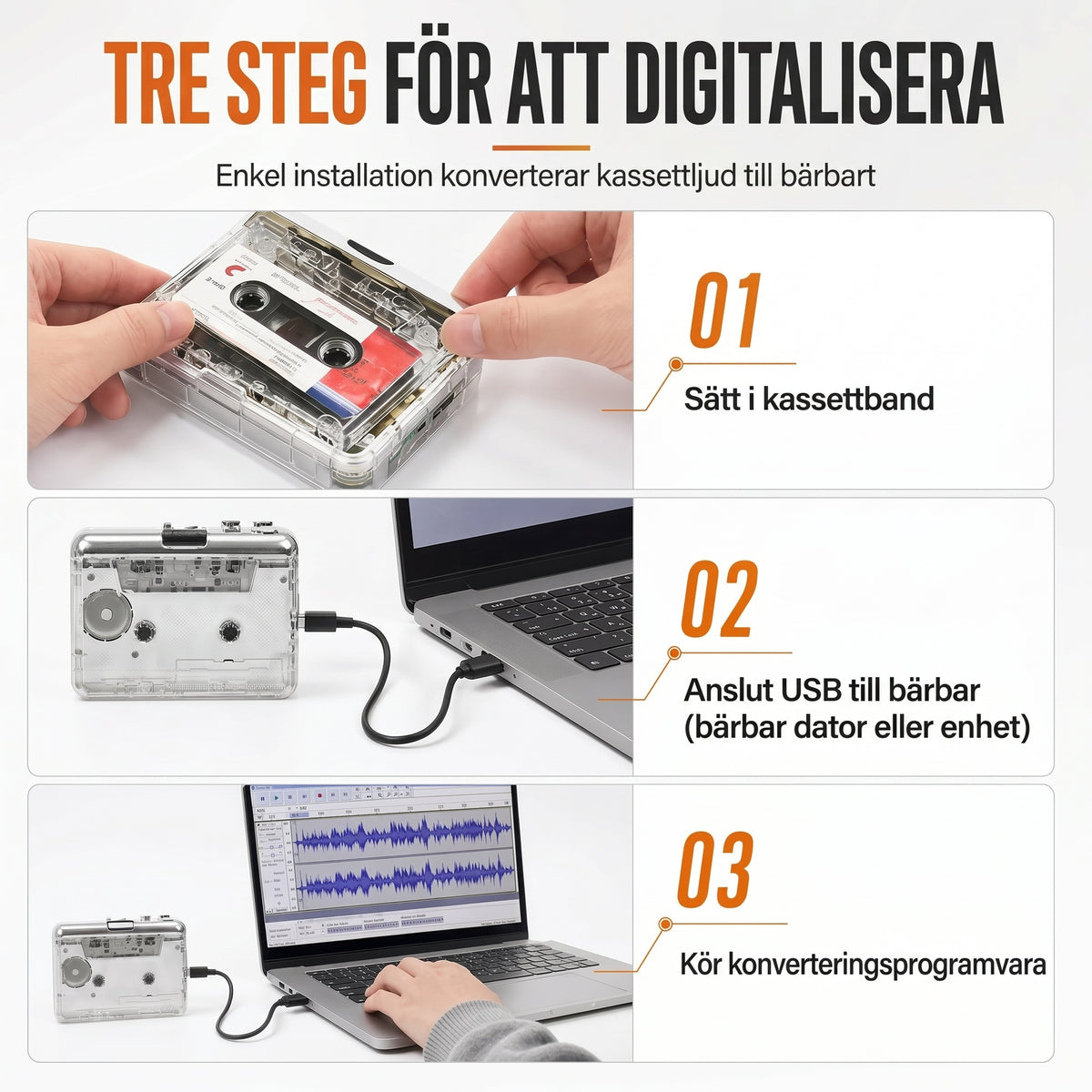 Smart och bärbar kassettbandspelare med USB-C för enkel överföring av musik till digitala format