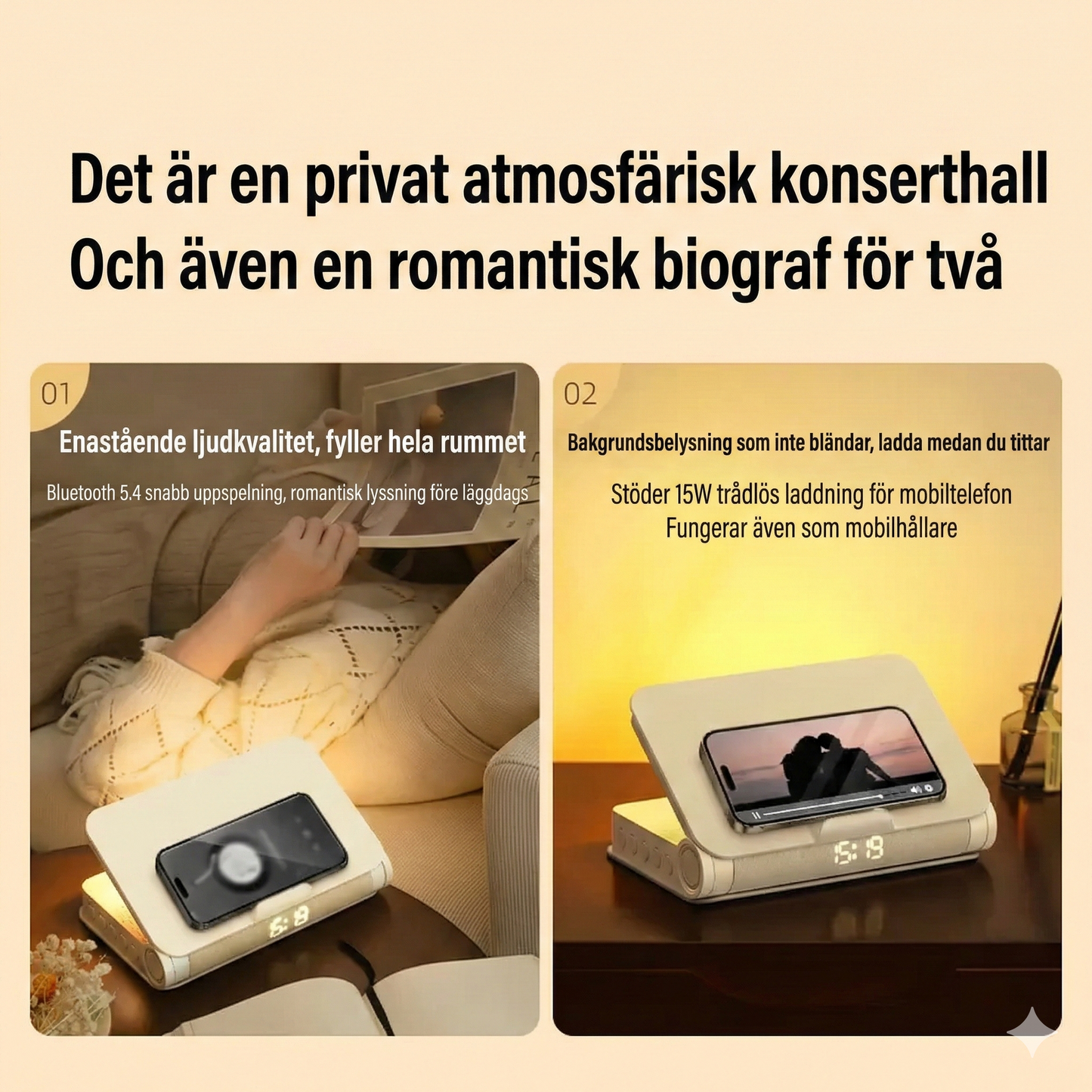 Multifunktionell Nattduksbordslampa – Ljud, Ljus & Laddning
