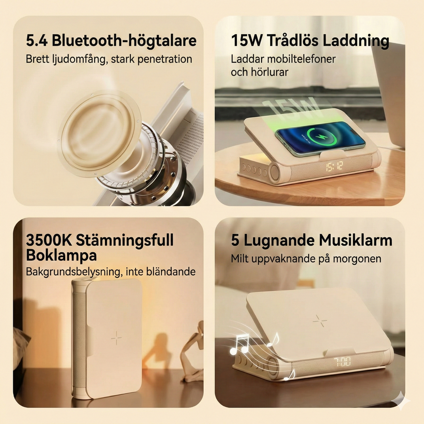 Multifunktionell Nattduksbordslampa – Ljud, Ljus & Laddning