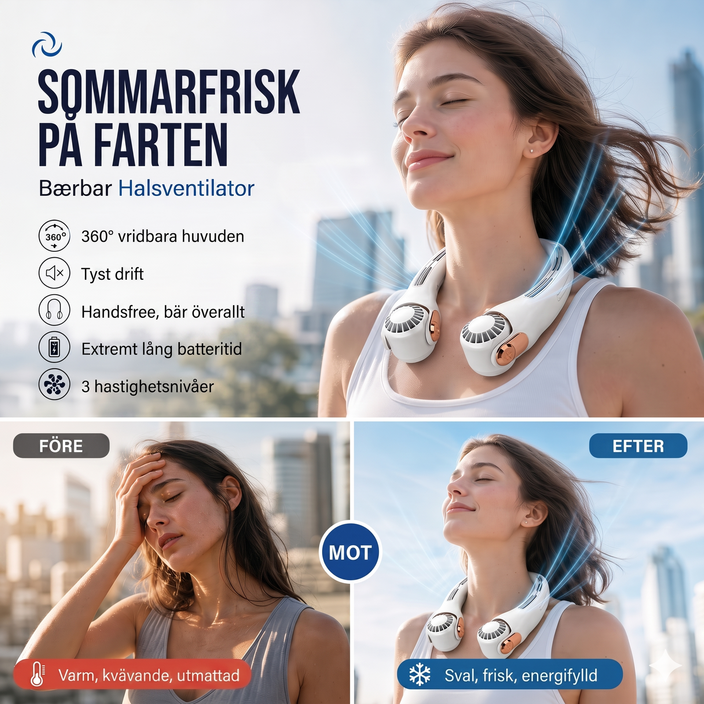 Tystgående Nackfläkt med 360-Graders Rotation