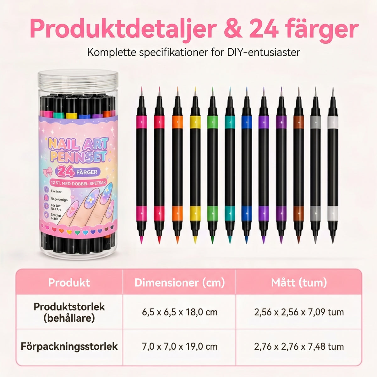 24-färgers nagelkonstpennor med dubbla spetsar – Perfekta för detaljer och mönster