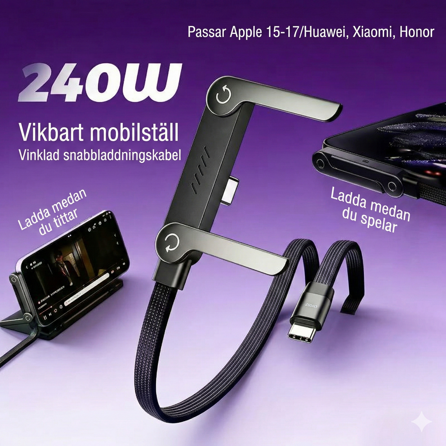 Gaming-kabel med Vikbart Stativ – För Apple & Android
