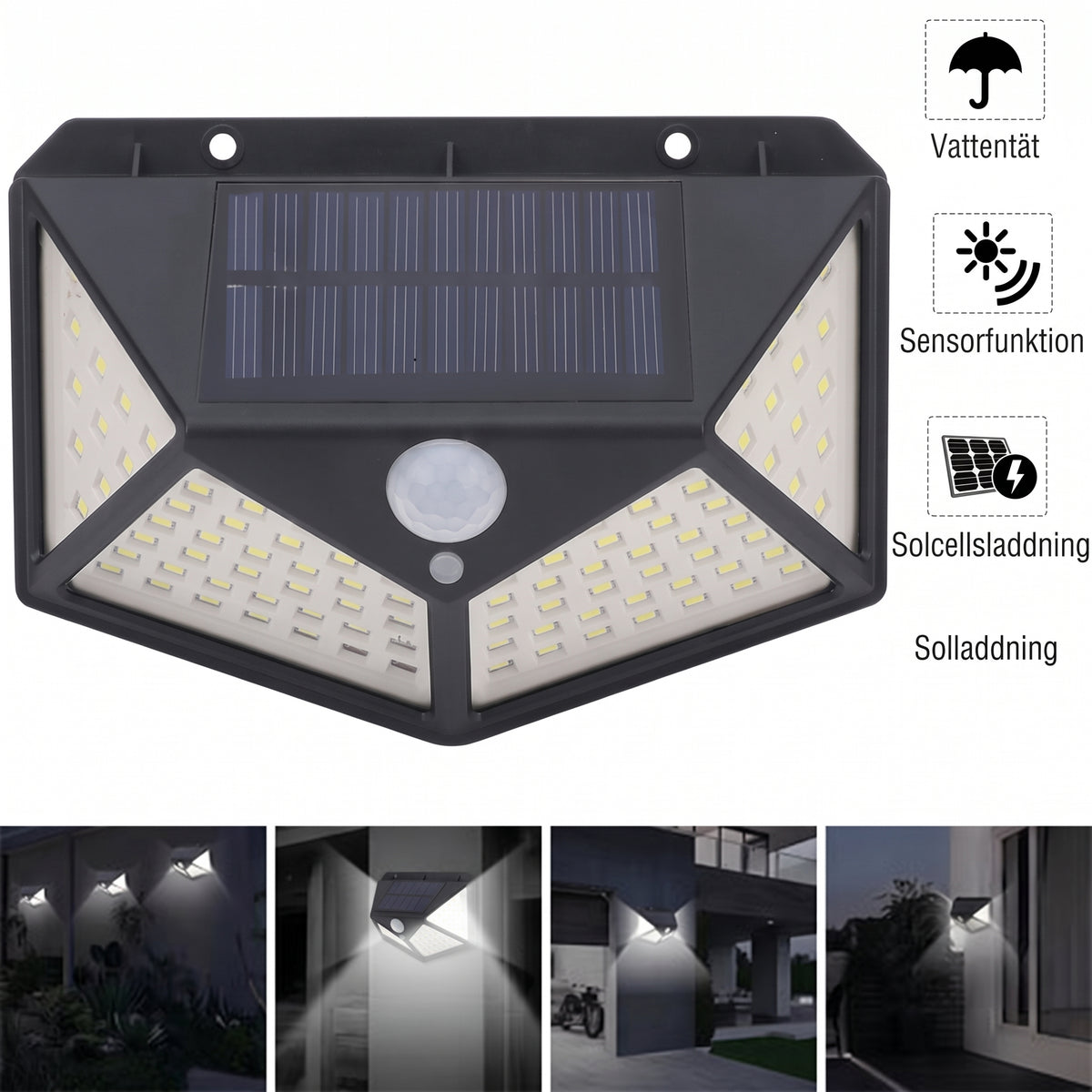 Kraftfull och trådlös solcellslampa för utomhusbruk med intelligent styrning via sensor och högt ljusutbyte