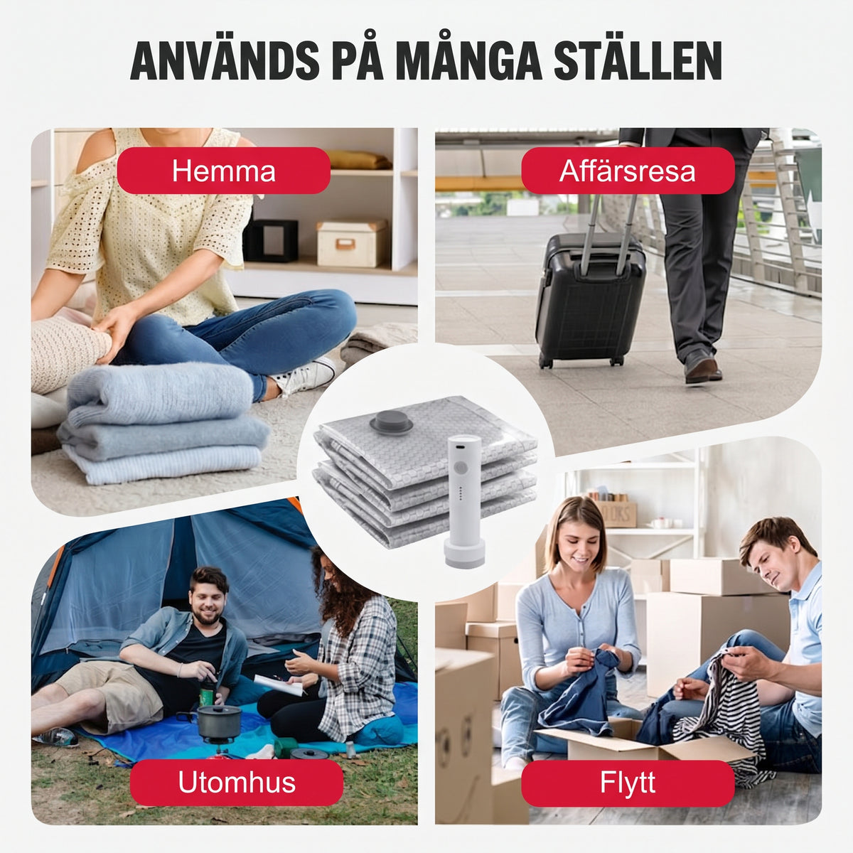 Praktiskt resevakuumset med flera påsstorlekar och sladdlös pump för resväskan