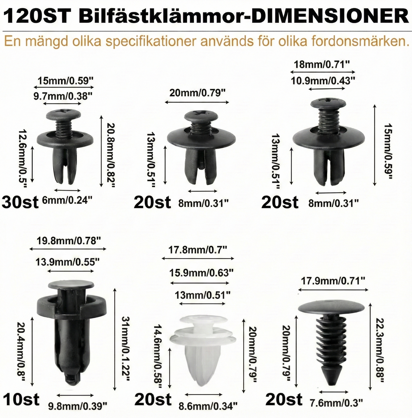 Universellt Set med 100 Nylonclips och Verktyg för Bil