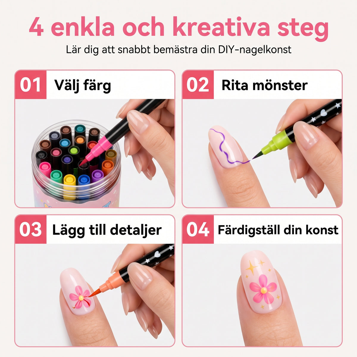24-färgers nagelkonstpennor med dubbla spetsar – Perfekta för detaljer och mönster