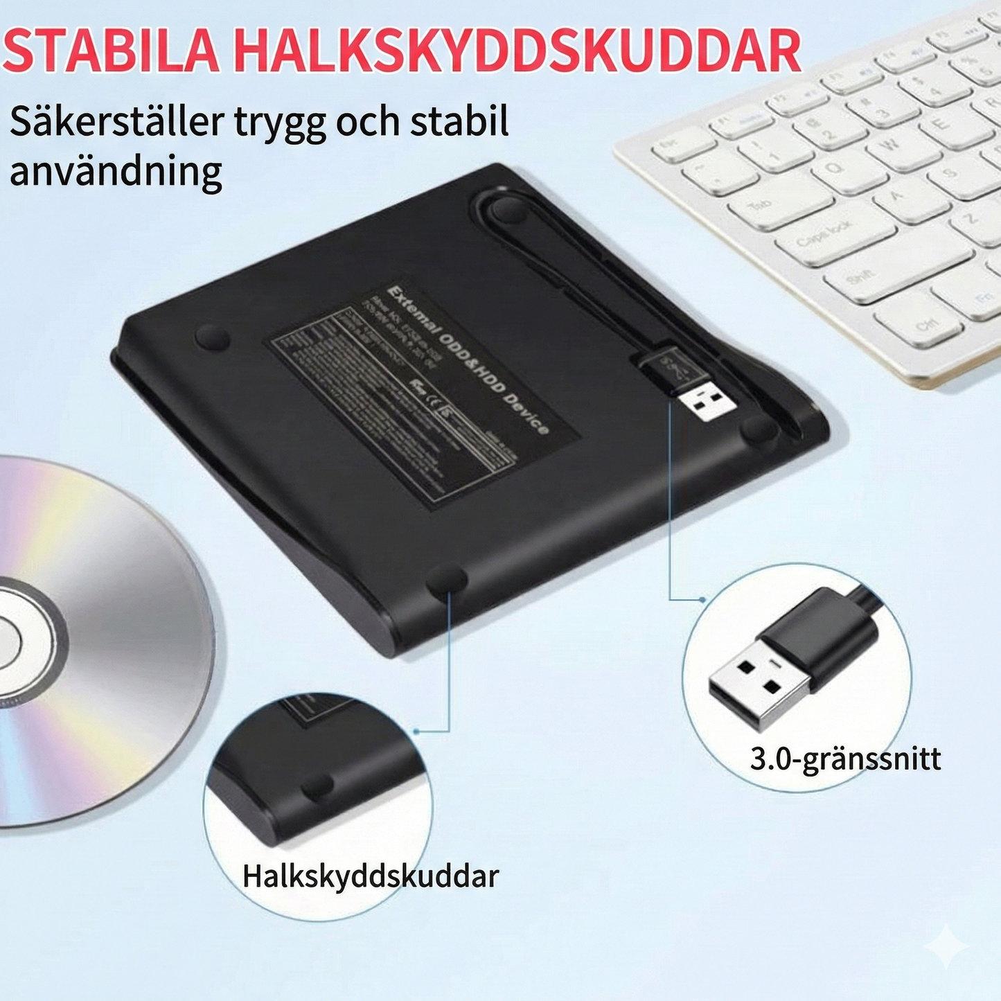 Extern CD/DVD-läsare med USB-hubb & RGB-belysning – Slimmad & Bärbar