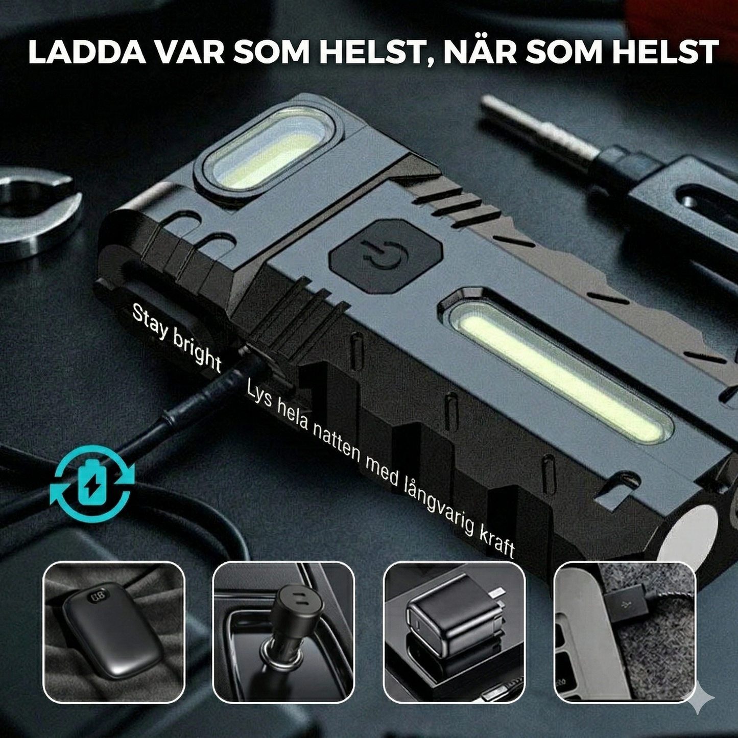 LED-arbetslampa med 180° vridbart huvud