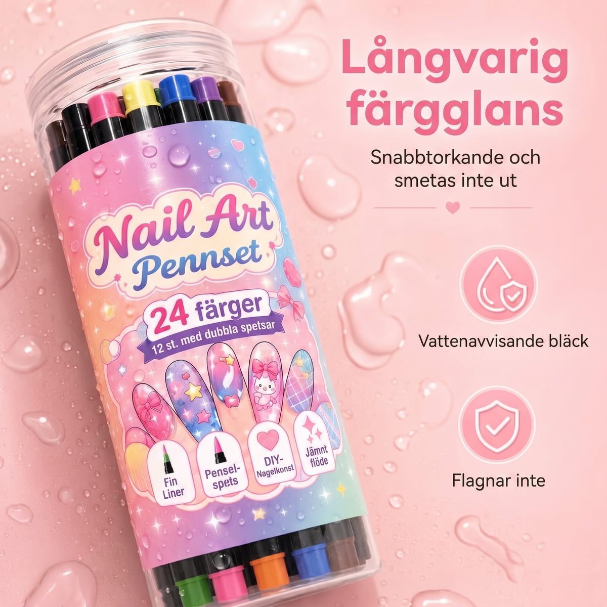 24-färgers nagelkonstpennor med dubbla spetsar – Perfekta för detaljer och mönster