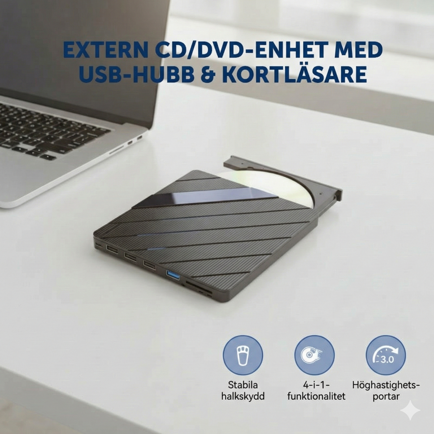 Extern CD/DVD-läsare med USB-hubb & RGB-belysning – Slimmad & Bärbar