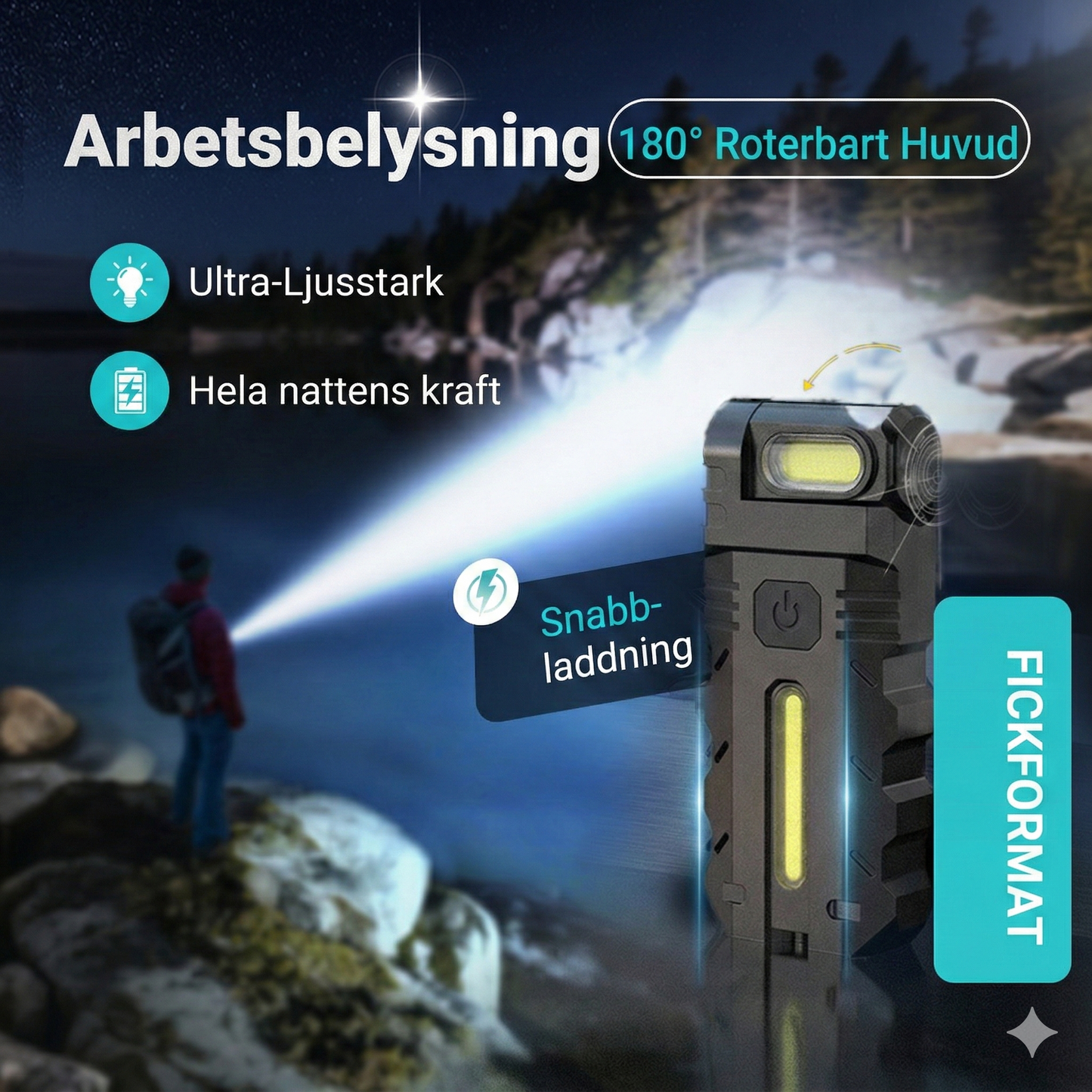 LED-arbetslampa med 180° vridbart huvud