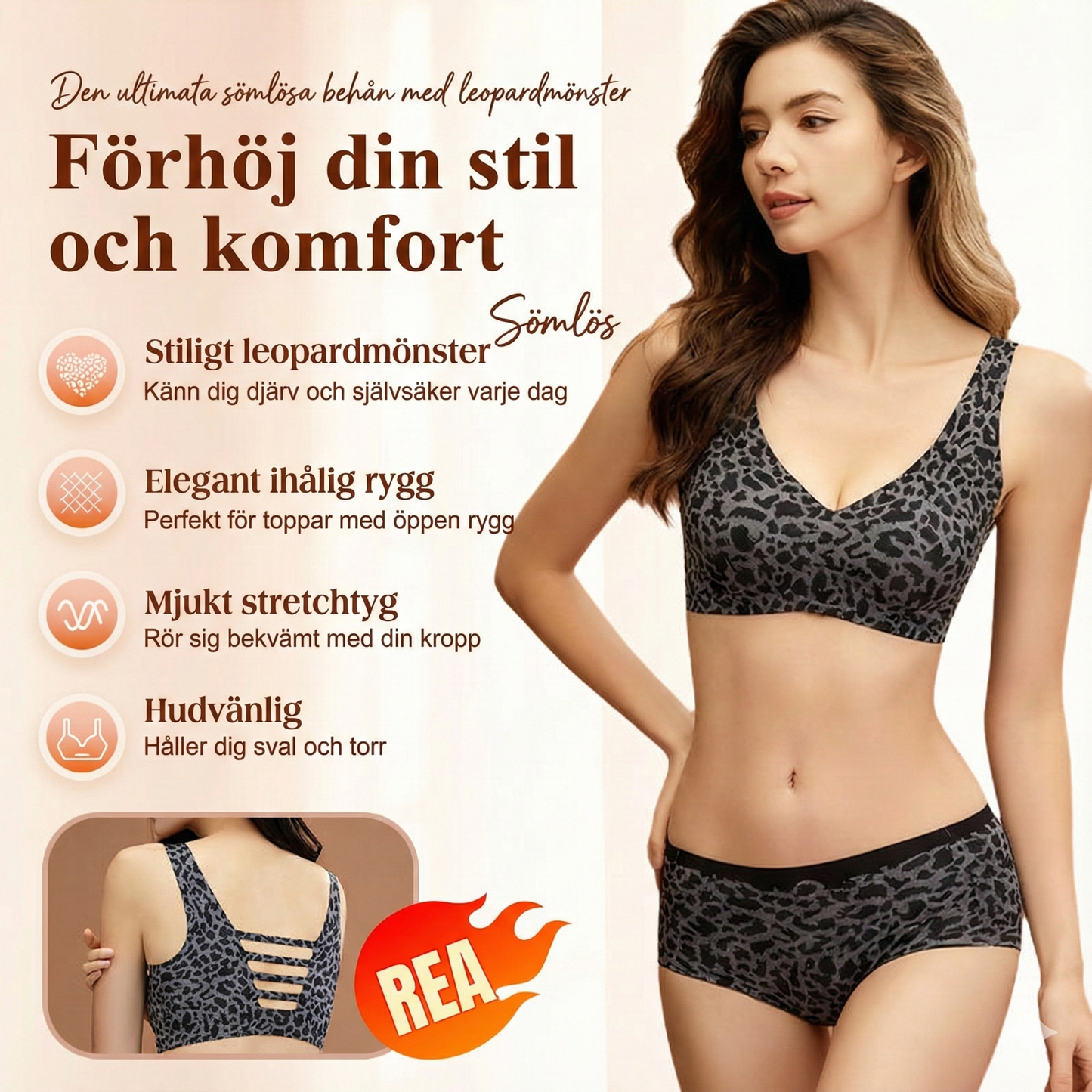 Sömlös Leopardmönstrad BH med Trådlös Komfort & Öppen Rygg