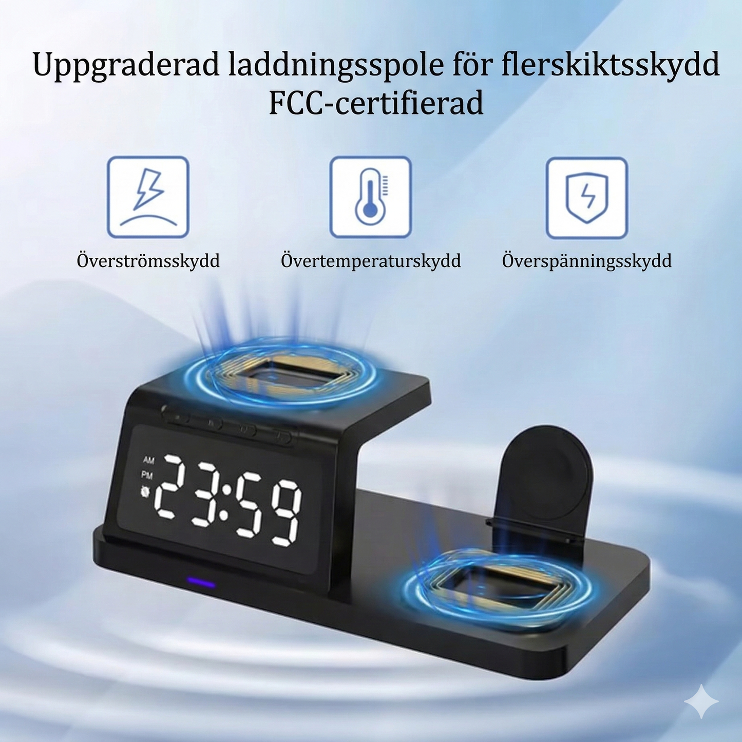 4-i-1 trådlös laddningsstation med digital klocka och touch-ljus