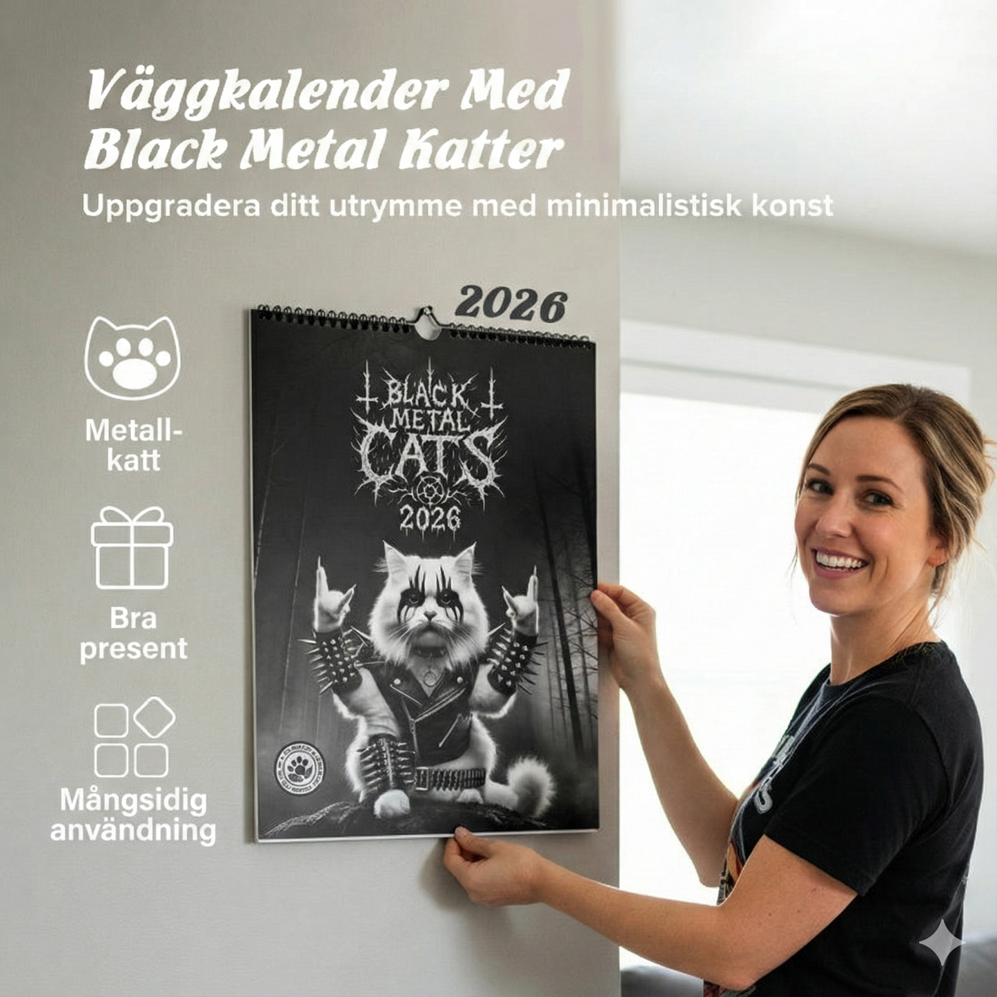 Väggkalender 2026 med Black Metal-Katter & Svartvit Konst
