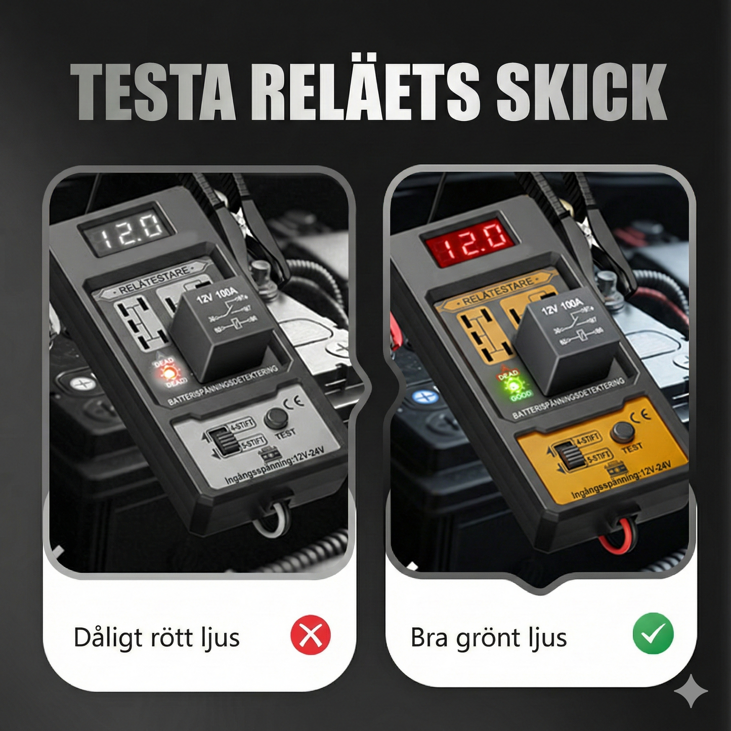 Digital Relätestare för Bil – LED-indikator & Krokodilklämmor