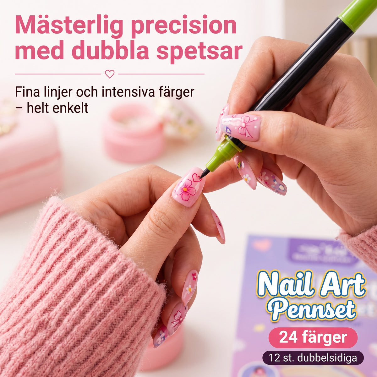 24-färgers nagelkonstpennor med dubbla spetsar – Perfekta för detaljer och mönster