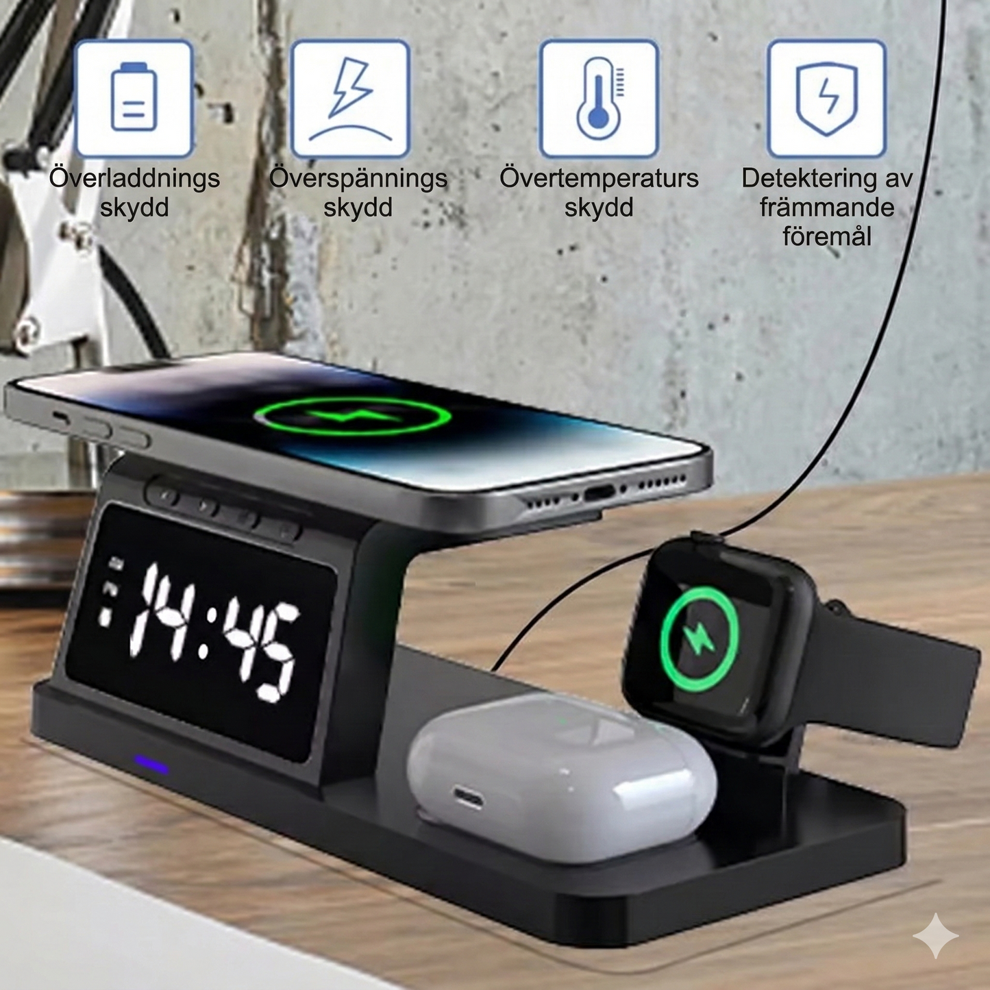 4-i-1 trådlös laddningsstation med digital klocka och touch-ljus