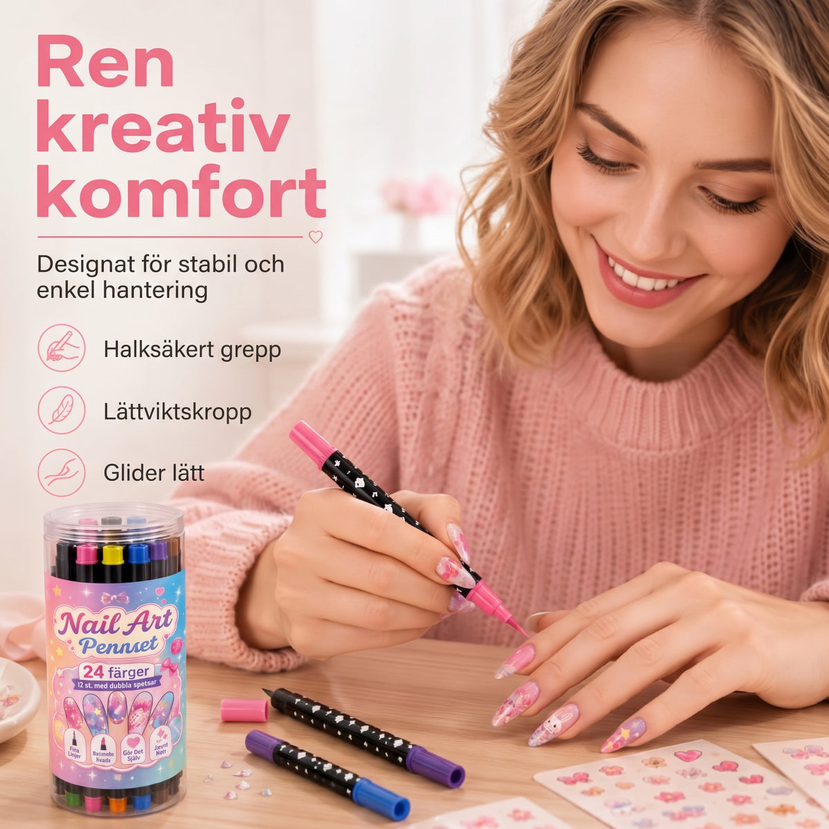 24-färgers nagelkonstpennor med dubbla spetsar – Perfekta för detaljer och mönster