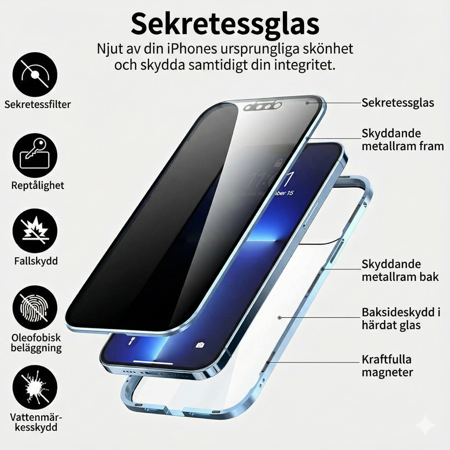 Magnetiskt 360° Skal för Mobiltelefon – Dubbelsidigt Glas & Anti-Spy