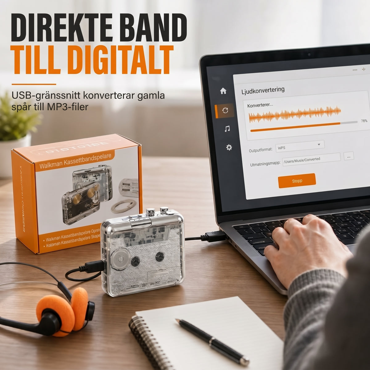 Smart och bärbar kassettbandspelare med USB-C för enkel överföring av musik till digitala format