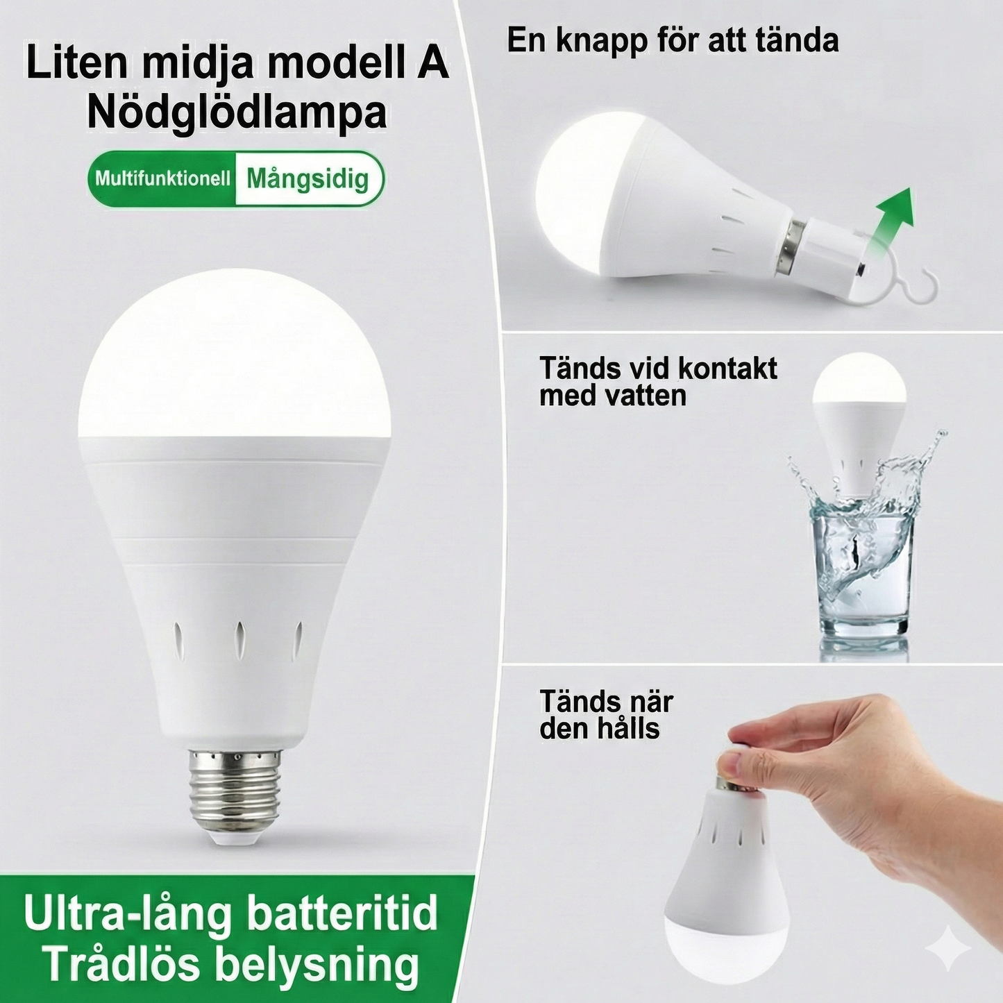 Energisnål 9W Nödlampa med Batteri för Hem, Camping och Strömavbrott
