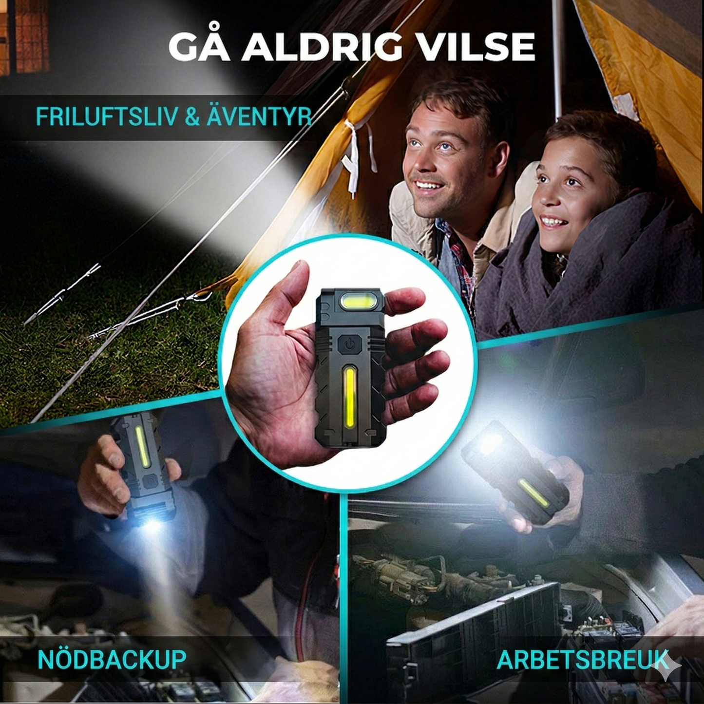 LED-arbetslampa med 180° vridbart huvud