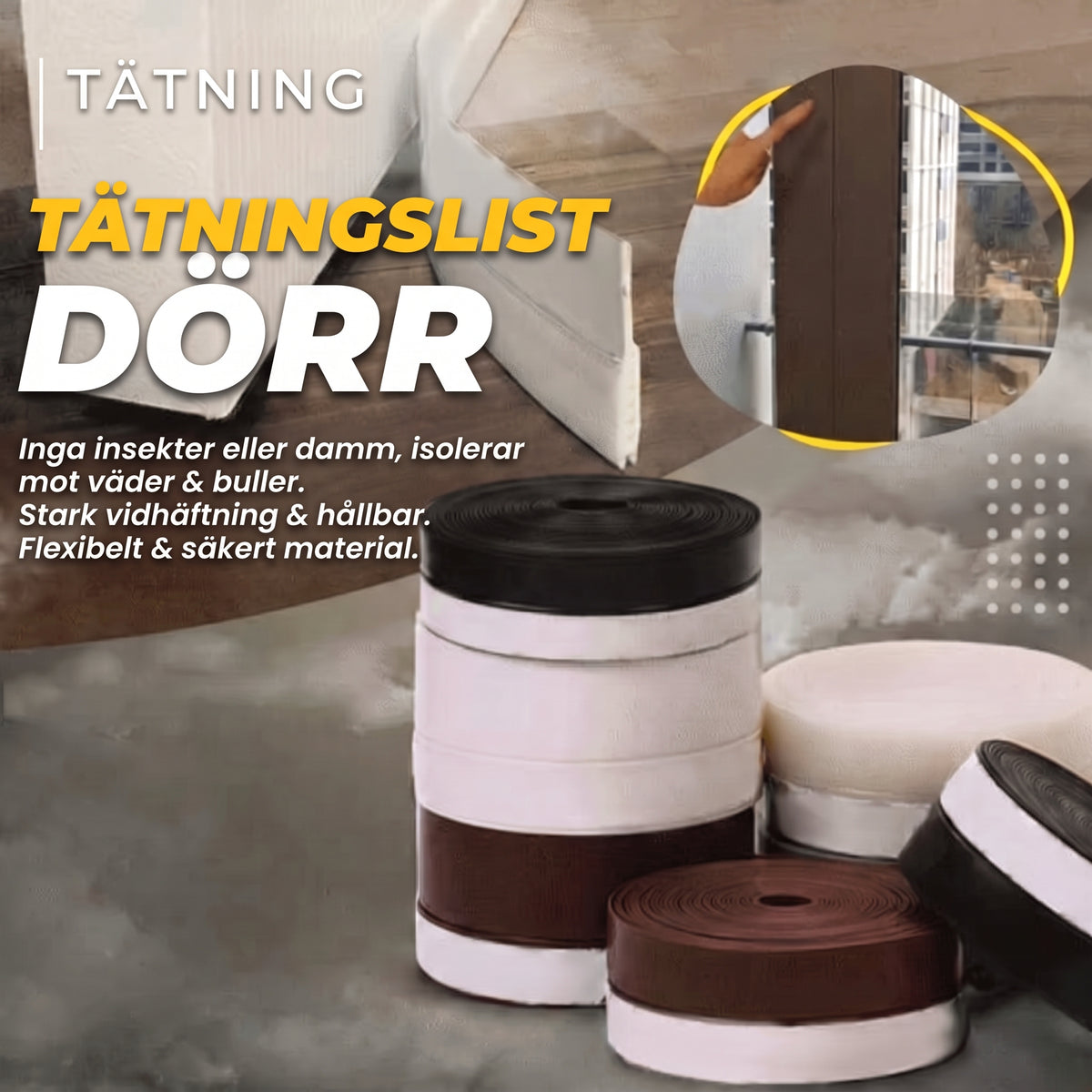 Självhäftande dörrlist i silikon (5 m) – Tätningslist mot kyla, buller och damm