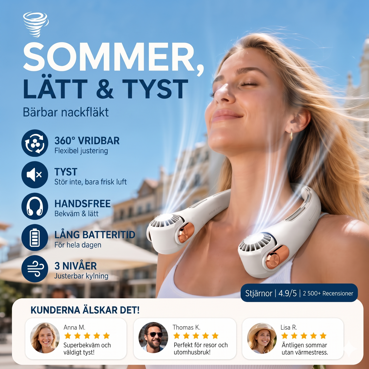 Tystgående Nackfläkt med 360-Graders Rotation