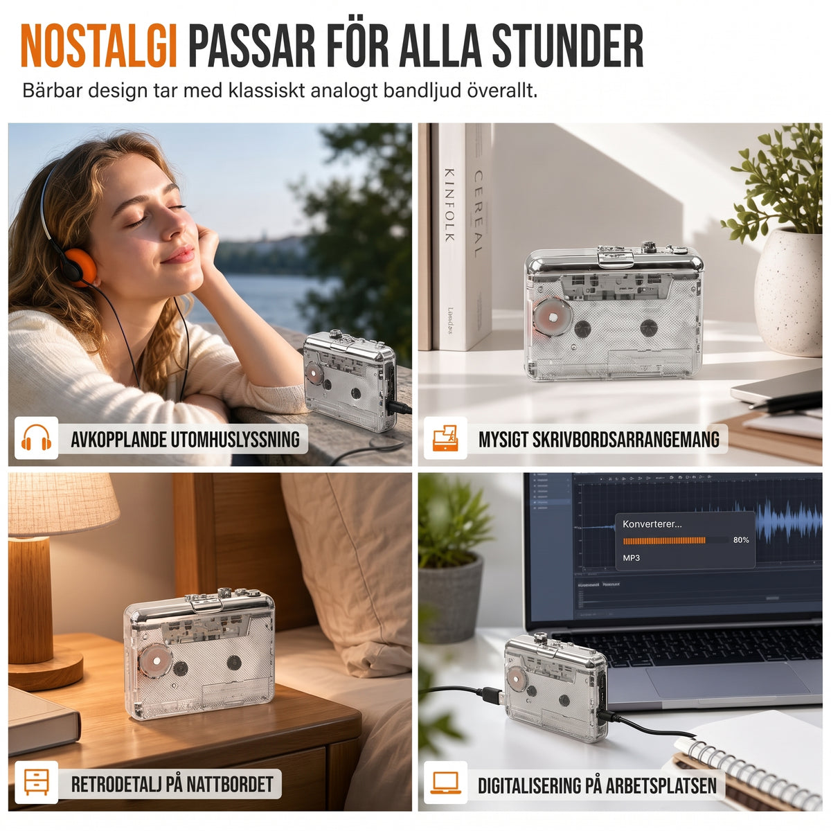 Smart och bärbar kassettbandspelare med USB-C för enkel överföring av musik till digitala format