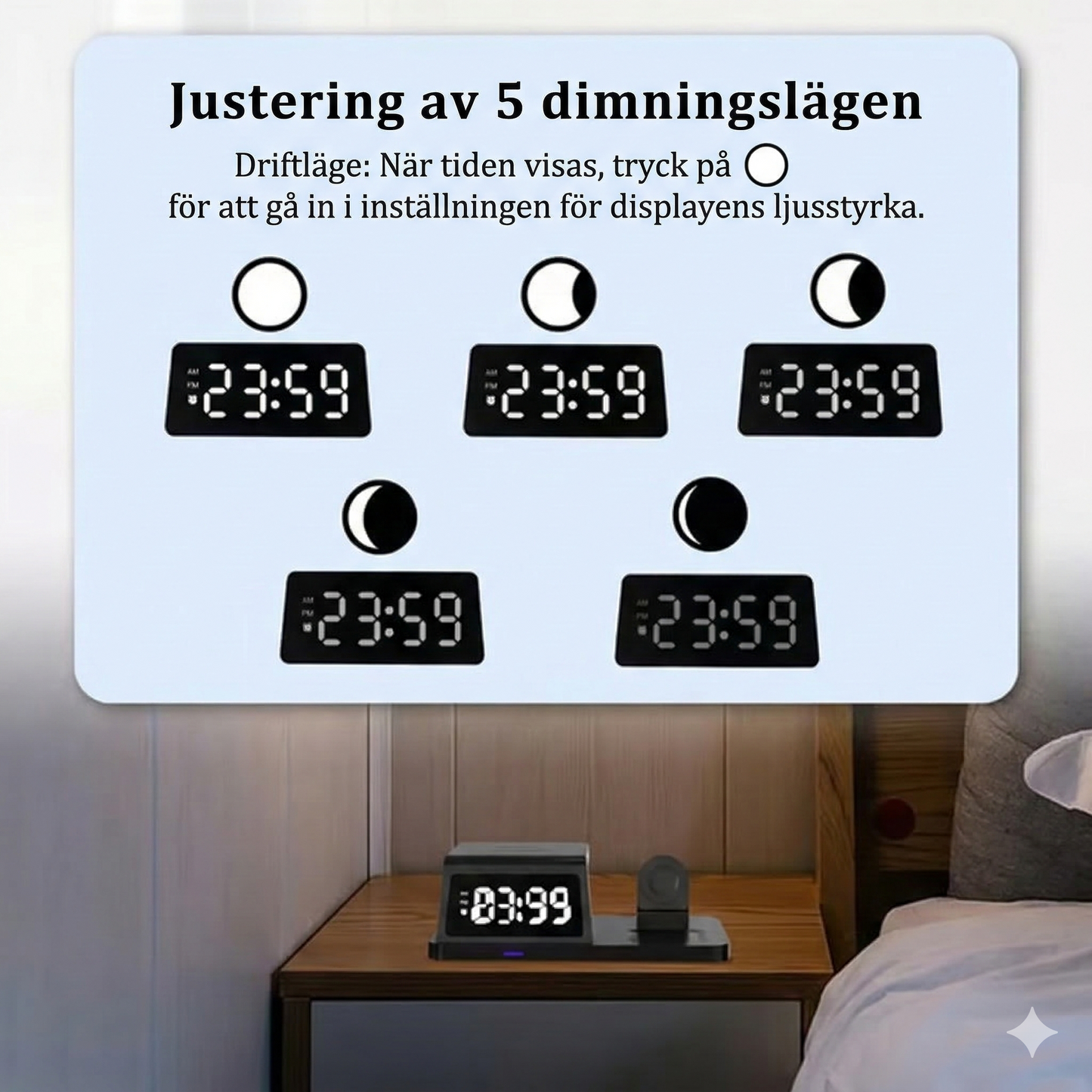 4-i-1 trådlös laddningsstation med digital klocka och touch-ljus